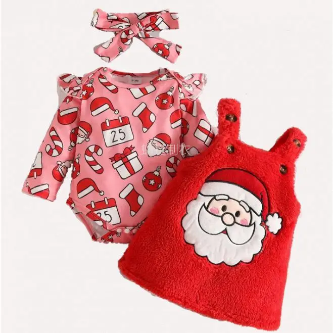Infant Christmas Outfit Set, 3-Piece Santa & Gingerbread Print Long Sleeve Bodysuit with Striped Pants and Matching Hat 0-18m, 0-3M, 12-18M