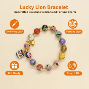 Cloisonné Lotus Seedpod Bracelet with Lucky Beads & Lion Charm Feng shui pendentif décorations | Chinese Style Enamel Beaded Bracelet