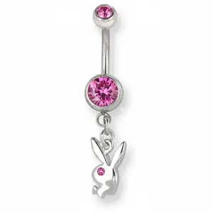 Surgical Stainless Steel Rose Pink Crystal Playboy Bunny 14g Belly Naval Ring