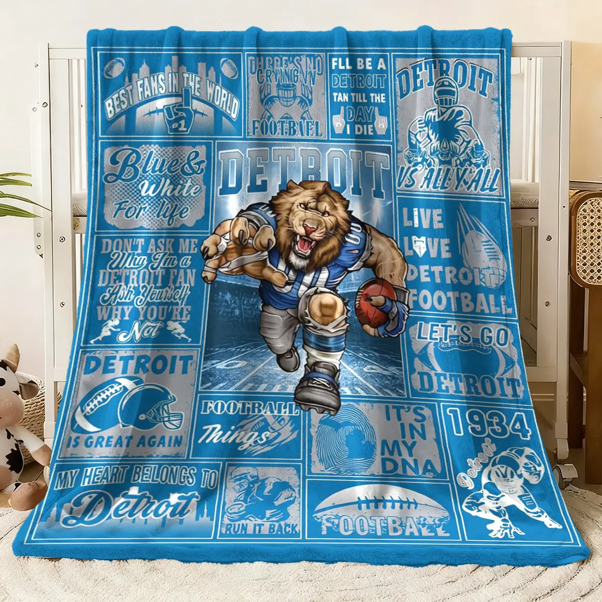 Detroit Football Flannel Blanket, Soft Plush Throw with Lion Mascot in Uniform, Vintage Design Featuring Inspirational Quotes like "BEST FANS IN THE WORLD", "IT'S IN MY DNA" & Sports Elements, Flannel Printed Blanket