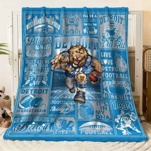 Detroit Football Flannel Blanket, Soft Plush Throw with Lion Mascot in Uniform, Vintage Design Featuring Inspirational Quotes like "BEST FANS IN THE WORLD", "IT'S IN MY DNA" & Sports Elements