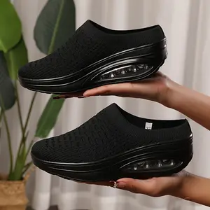 Women's Air Cushion Sock Sneakers, Breathable Solid Color Knitted Slip On Trainers, Casual Backless Walking Shoes