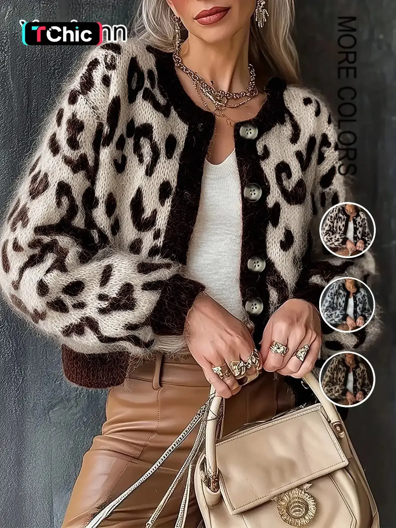 Women's Vintage Leopard Print Knit Cardigan Sweater Knitwear, New Fall/Winter Design, Casual Style Loose Colorblock Long Sleeve Round Neck Top, Knitted Knitting