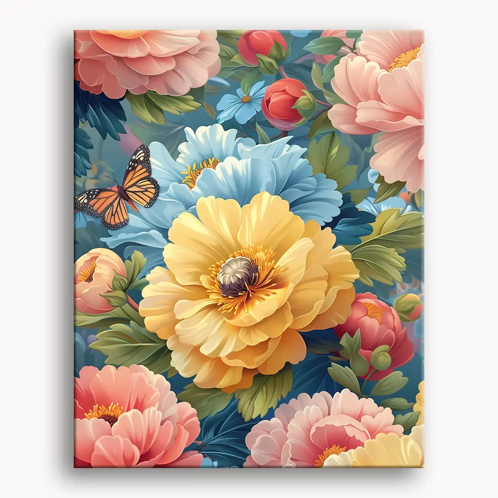 Paint by Numbers Kit, Butterfly & Vibrant Yellow-Pink Blossoms Artwork, 16x20 Linen Canvas, Beginner-Friendly DIY Painting Set for Toys & Hobbies