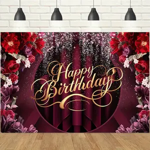 1pc 2Dflat Burgundy Floral Happy Birthday Banner, Luxury Gold Foil Photo Backdrop Cloth, Adult Party/Birthday Banquet/Girls Gathering Decoration, High Definition Printing, Perfect for All Kinds of Birthday Celebration Decorations