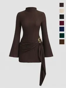 Women's Stand Collar Waist Cinched Flare Sleeve Bodycon Midi Dress, Elegant Plain Design, Spring & Fall Fashion