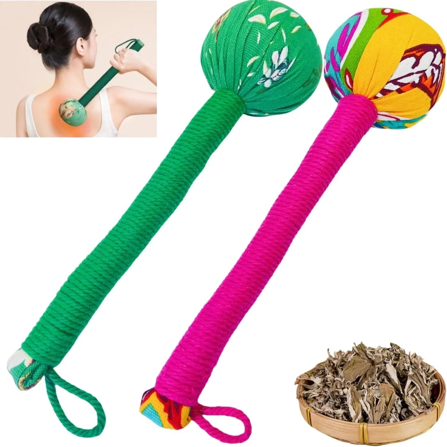 2 count Long Size Lymphatic Drainage Massage Hammer,Manual Massage Hammer for Body, Back Massage Hammer Taichi,Wormwood Massage Hammer Sticks Muscle Relaxation 2 count (Red/Green)