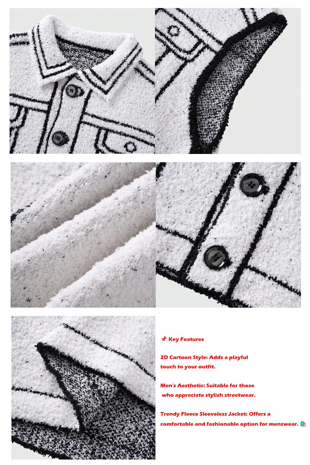 HYPESTFIT 2D Cartoon Style Graphic Vest Men's Aesthetic Streetwear Outline Gilet Trendy Fleece Sleeveless Jacket Menswear Tops for Casual Outings