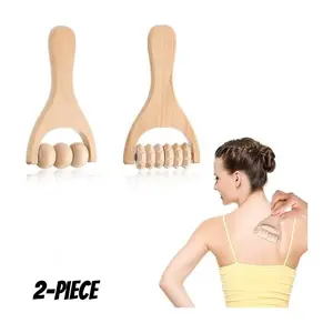 2-Piece Manual Massage Tool, Wooden Roller Foot and Back Massager, Portable Hand Push Shoulder Neck Waist Head Acupressure Brush