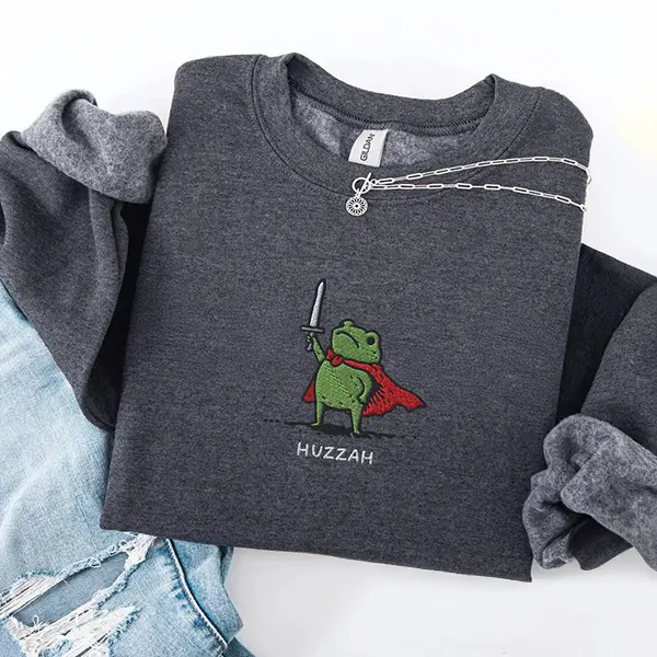 Embroidered Huzzah Frog Sweatshirt, Funny DnD Crewneck, Renaissance Faire Frog Sweater, Medieval Fantasy Gamer Gift