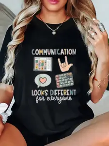 Raglan Sleeve Black T-Shirt Communication Looks Different for Everyone with Sign Language & Keyboard Icons - Perfect for Speech Therapy Sessions, Summer, Short Sleeve T-Shirt, Unisex Top Womenswear