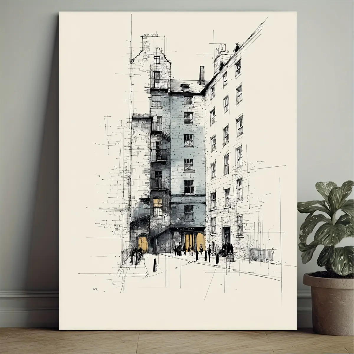 Comic-Style Framed Architectural Art Print - 2D Edinburgh Cityscape, 30.48x40.64cm Minimalist Humorous Plaid Decor, Digital Artwork with Back to School, Father's Day, Independence Day Themes (2F8211Hp1397)