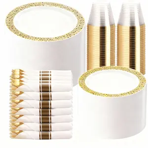 Silver/Gold/Clear/White/Blue Disposable Plates and Silverware Set: Dinner Plates,Dessert Plates, Cups,Napkins,Knife, forks, spoons-Perfect for Party