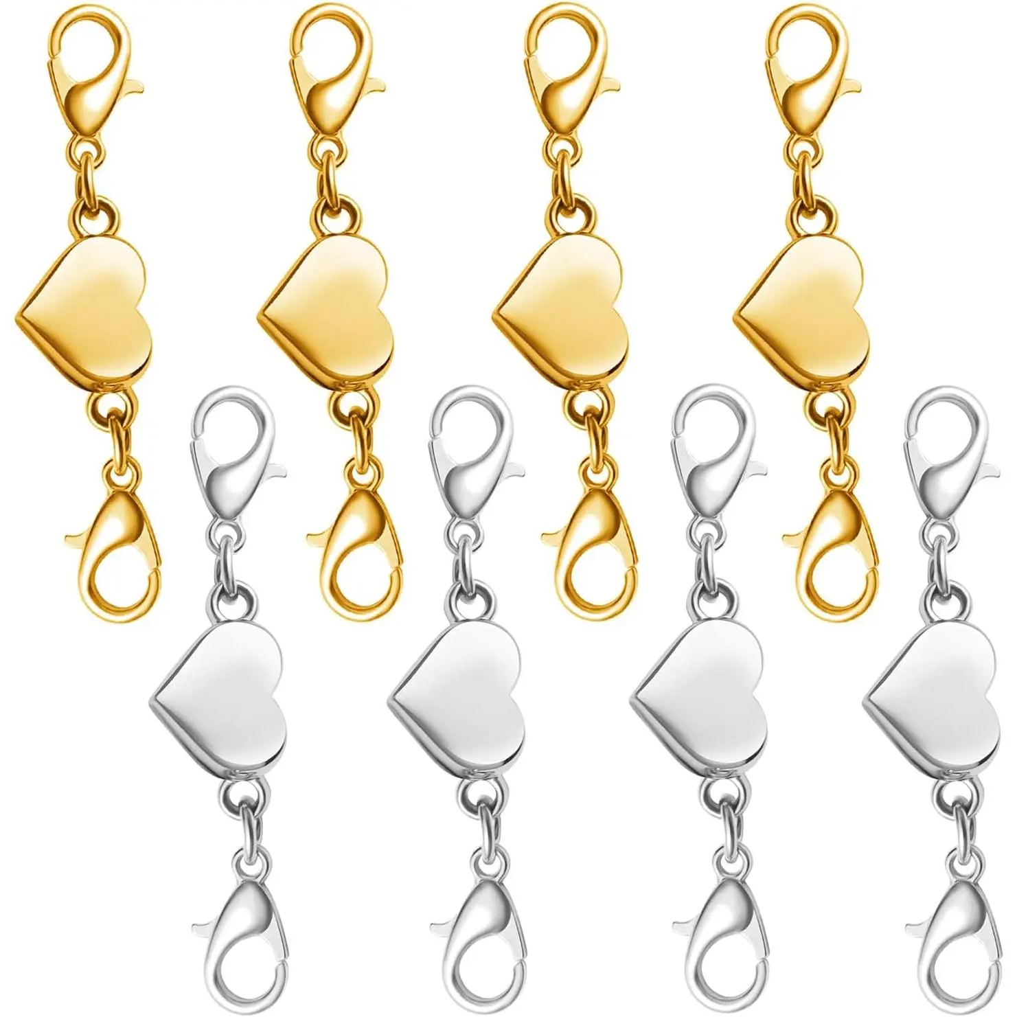 DIY Jewelry Making Heart Magnetic Clasps - Double-Ended Design, Double Lobster Closures, Easy Attachment & Removal Jewelry Connectors (4 Gold + 4 Silver)