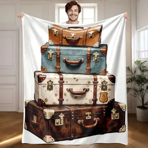 1 piece Stacked vintage style multicolor leather suitcases themed flannel blanket - Oversized comfortable fluffy sofa blanket, suitable for beds and sofas, modern geometric pattern design, all-season multi-purpose use, digital printing, 100%