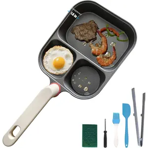 Titanium non stick frying pan - a three in one split breakfast pan (including 2 circular egg troughs and 1 square trough), free of PFOA and PTFE, suitable for all stoves, 9.25 inches, and comes in recyclable packaging