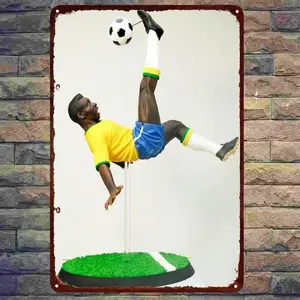 2D Flat, Dynamic Brazilian Style Soccer Player Action Figure with Soccer Ball - 20.32x 30.48cm Metal Sports Decoration, Green and Yellow Jersey, Black and White Socks, Lawn Base - Indoor/Outdoor Brazilian Theme Fan Gift, Easy to Assemble (Adult/You, 2D Fl