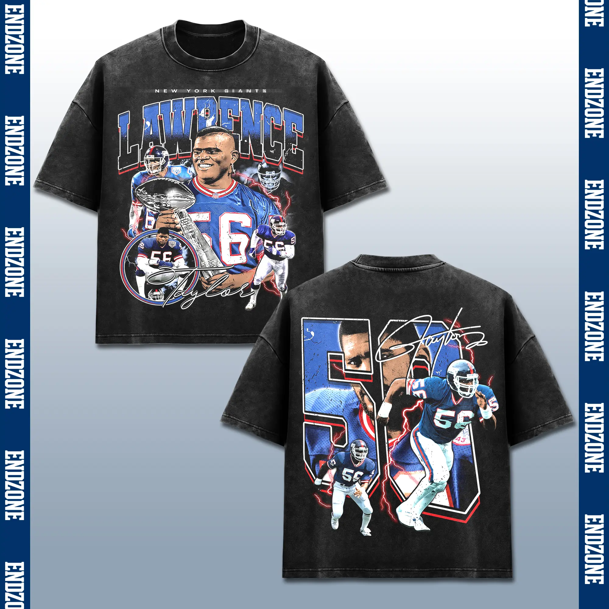 [Endzone] Lawrence Taylor T-Shirt,  LT 56 Linebacker Graphic Tee, Big Blue Football Fan Merch, New York Legend Apparel, Retro 90s Bootleg Game Day Shirt, Pro Football Season Gift, Men Women Heavyweight Oversized Black Acid Wash Vintage Clothing