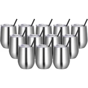 VEGOND Wine Tumblers Bulk 12 Pack, 12Oz Stainless Steel Stemless Wine Glass with Lids and Straws, Double Wall Vacuum Insulated Tumbler Cup, Coffee Mug for Cold Hot Drinks VEGOND