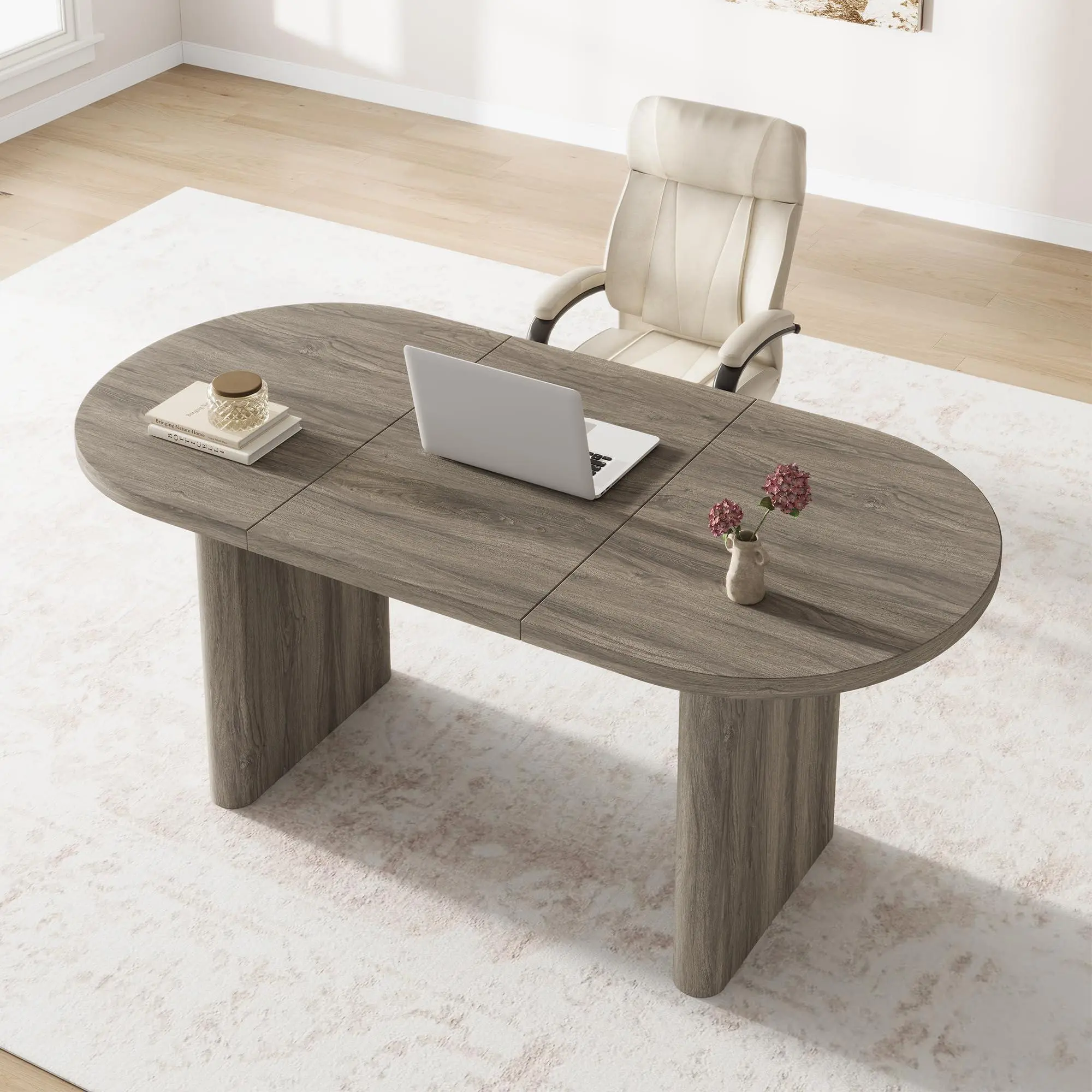 GARVEE Oval Executive Desk, Large Computer Office Desk Workstation, Farmhouse Wooden Laptop Desk Study Writing Table Business Furniture for Home Office,