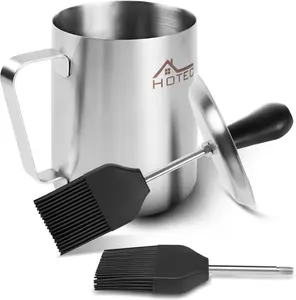 HOTEC 304 Stainless Steel Basting Pot with Brush, Silicone Grill Barbeque Basting Brushes for Sauce Oil, 36oz