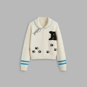 Cider [2 colors, size 2-10] Knit Collar Cat Button Cardigan