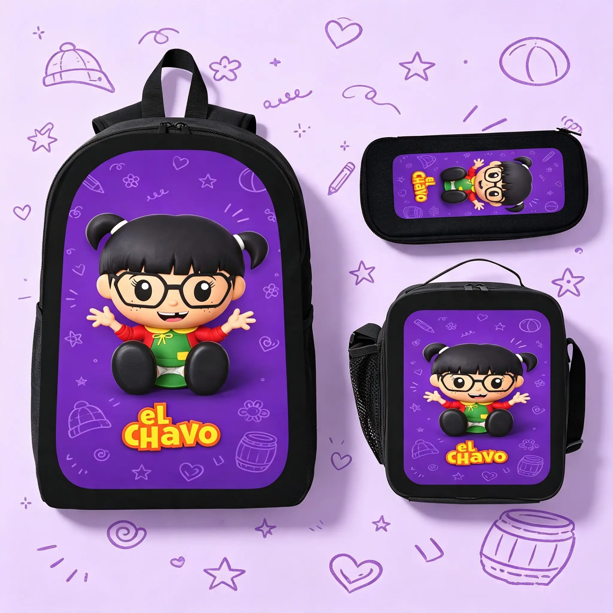 Unisex 3-Piece Cartoon El Chavo Backpack Set - Polyester, Large Capacity, Preppy Organizer, Zip-Closure Commuter Bag with Lunch Bag, Pencil Case, Laptop Daypack for School Travel, Durable Back To School Gift