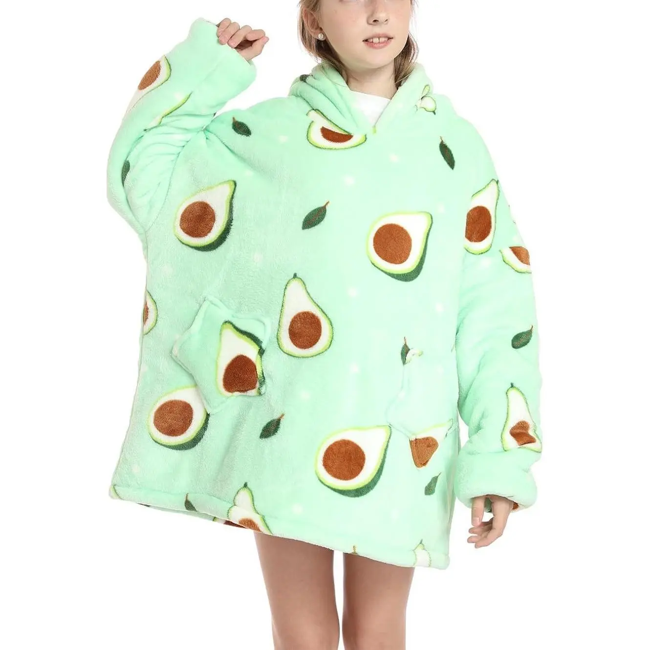 Kids' Oversized Wearable Blanket Hoodie - Cute Avocado Animals Husky Soft Flannel Loose Flexible Long Length Tops, Warm Pocketed Hooded Pullover for Couch, Holiday Role Play, One-Size-Fits-All