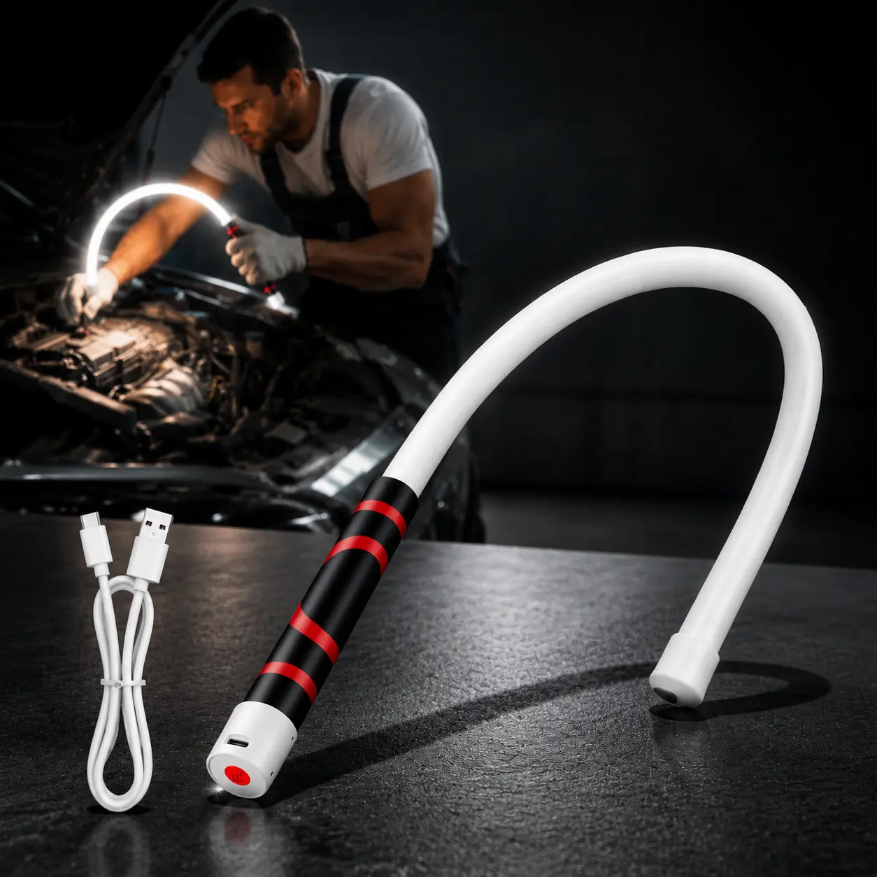 30 Inch Rechargeable Flexible LED Work Light, Bendable Magnetic Light Stick with 3 Lighting Modes, Under Hood Inspection Lamp for Garage, Car Repair, Workshop, Emergency, Home & Outdoor Use(flood light)