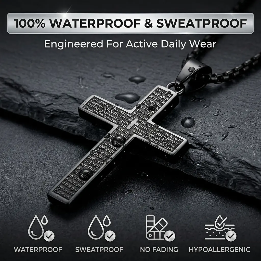 Men's Cross Necklace, Stainless Steel 3D Bible Verse Cross Pendant with Cuban Chain, Christian Faith Jewelry for Men, Religious Gift, Black & Silver