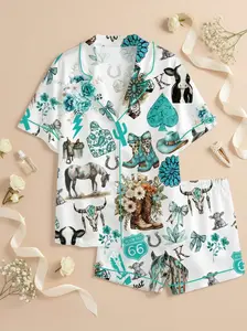 Western Cowgirl Latin Pajama Set Turquoise Horses Boots Cactus Print Sleepwear Short Long Sleeve Button Up PJs Latin Fabric Soft Comfortable Loungewear