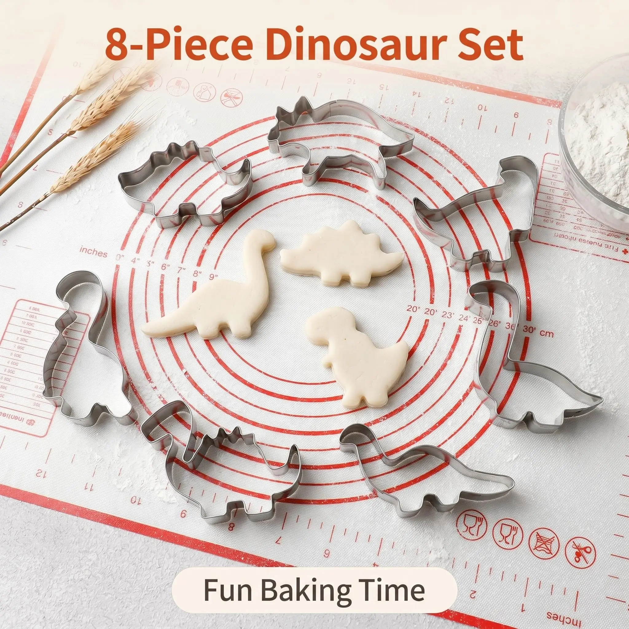 8-Piece Dinosaur Shape Cookie Cutter Set, Baking Tools, Baking Utensils, Cookie Molds, Kitchen Accessories, Fun Cake Cutting Kit for Kids & Adults