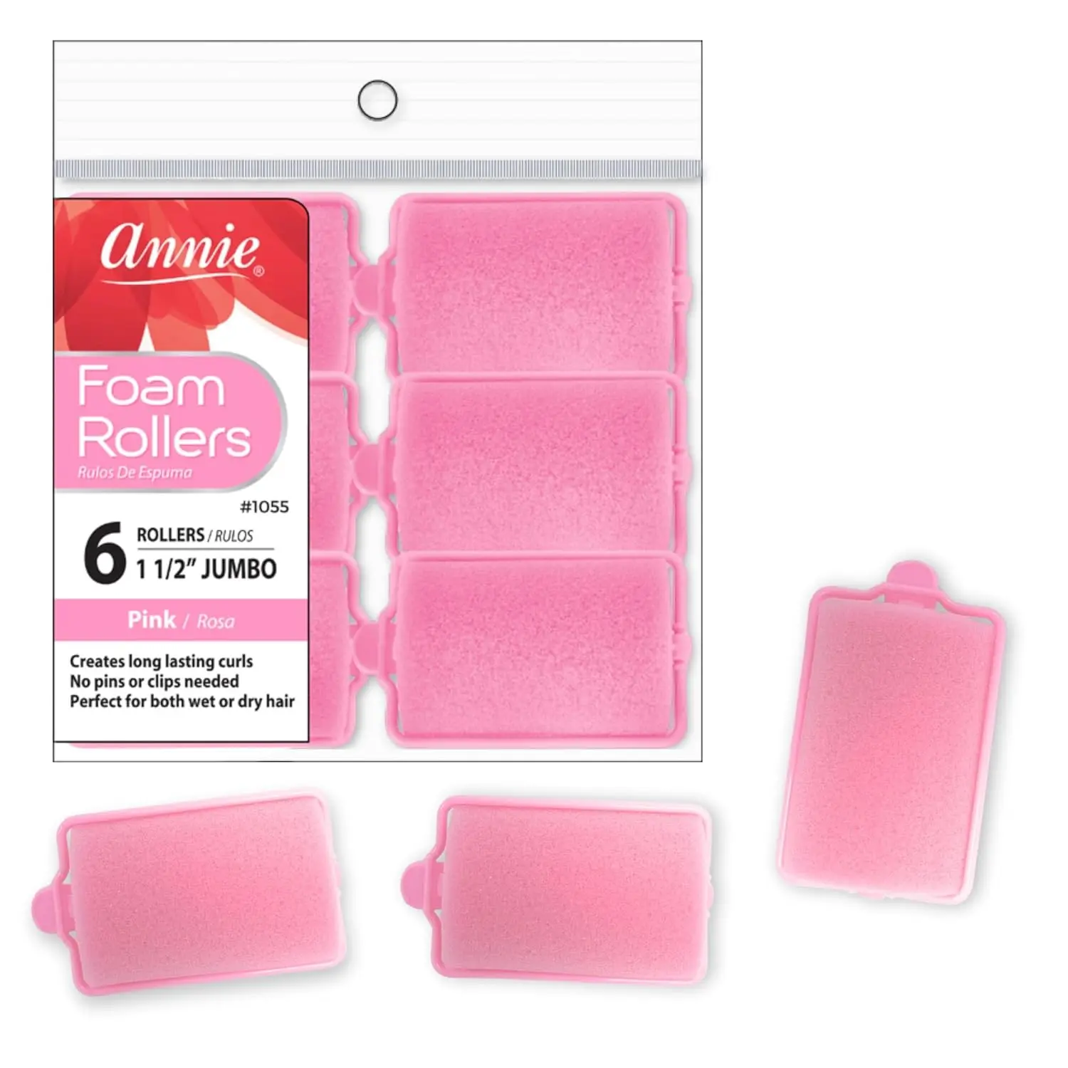 Jumbo Foam Cushion Rollers, 6 Count 1.5 Inch Pink #1055, Haircare Hair Styling Tool for Makeup Cosmetic Use