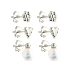 Sterling Silver Irene Pearl, Flower, & Heart Stud Earring Set of 3
