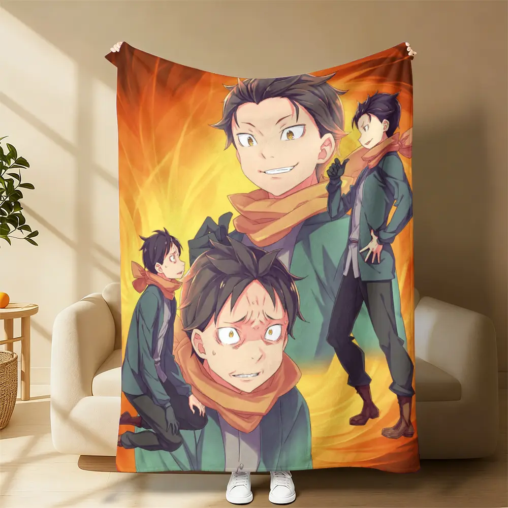 Re:0 Natsuki Subaru Multiple Expressions Throw Blanket, Orange Flame Background Isekai Anime Character Fleece Blanket, Soft Warm Blanket For Sofa Bed Couch Office Nap, Holiday Birthday Christmas Gift For Re:0 Isekai Manga & Anime Fans