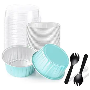 25PCS Round Mini Loaf Pans with Lids,Mini Cake Pans with Lids,Disposable Ramekins Baking Cups Muffin Tins Cupcake Cups for Wedding Birthday Party,5oz (Blue)