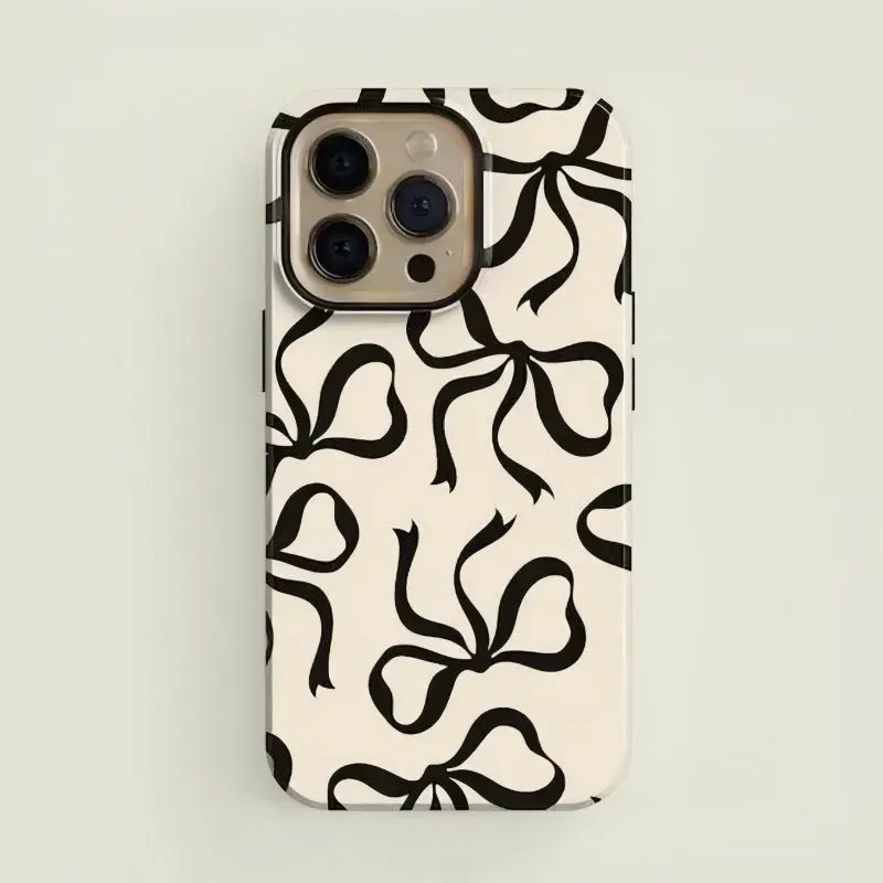 Tough Shockproof Cream Smartphone Case with Black Bows - Cellphone Accessories for iPhone 16/15/14/13/12/11 Pro Max, 16/15/14 Plus, 13/12 Mini & Samsung Galaxy S25 Devices