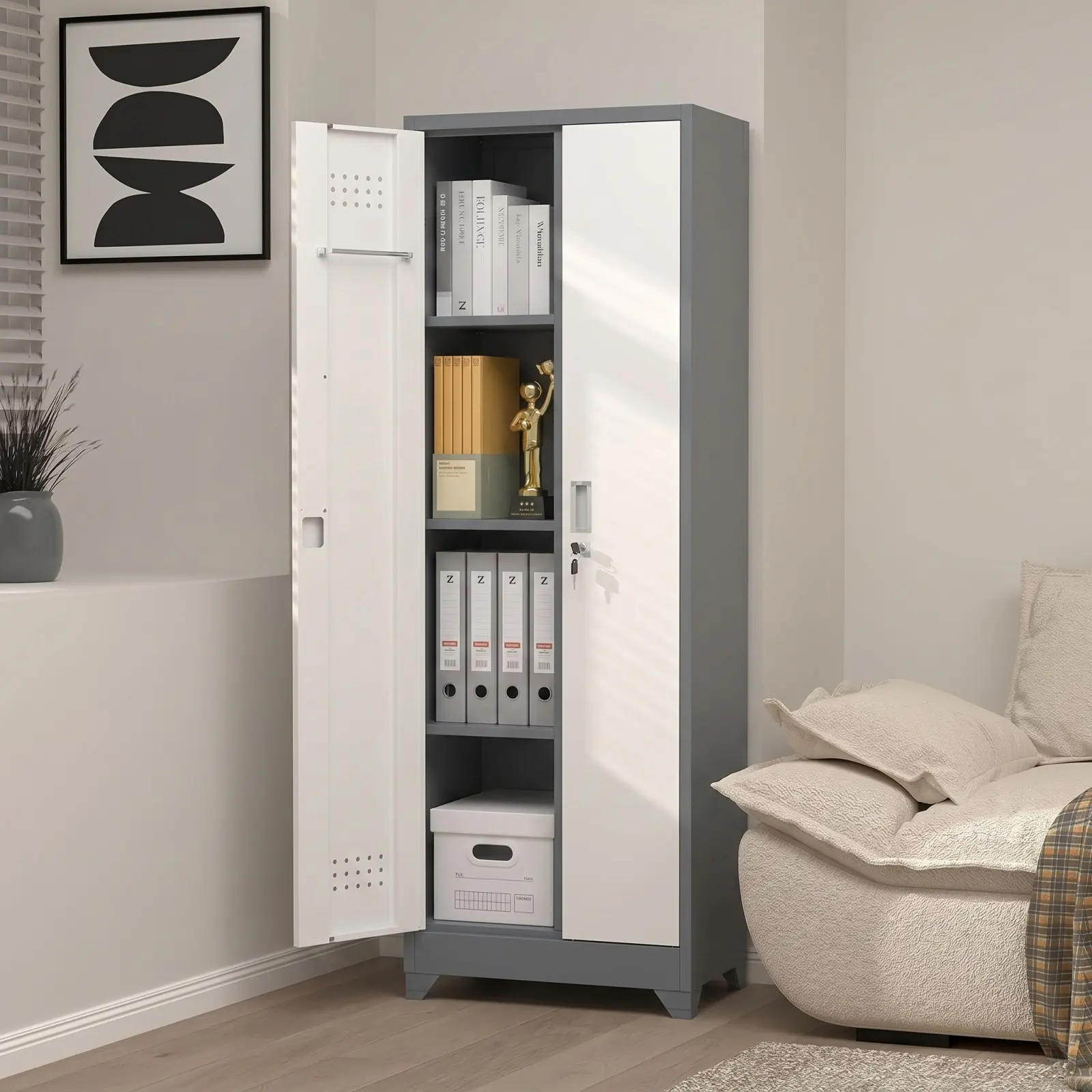 Spaco 65" Tall All-Metal Corrosion-Resistant Steel Storage Locker Cabinet with Lock - Tool Organization Adjustable Storage Cabinet with Hanging Rod, Adjustable Shelves, Pegboard, Easy Assembly for Garage, Laundry, Adjustable Storage Cabinets