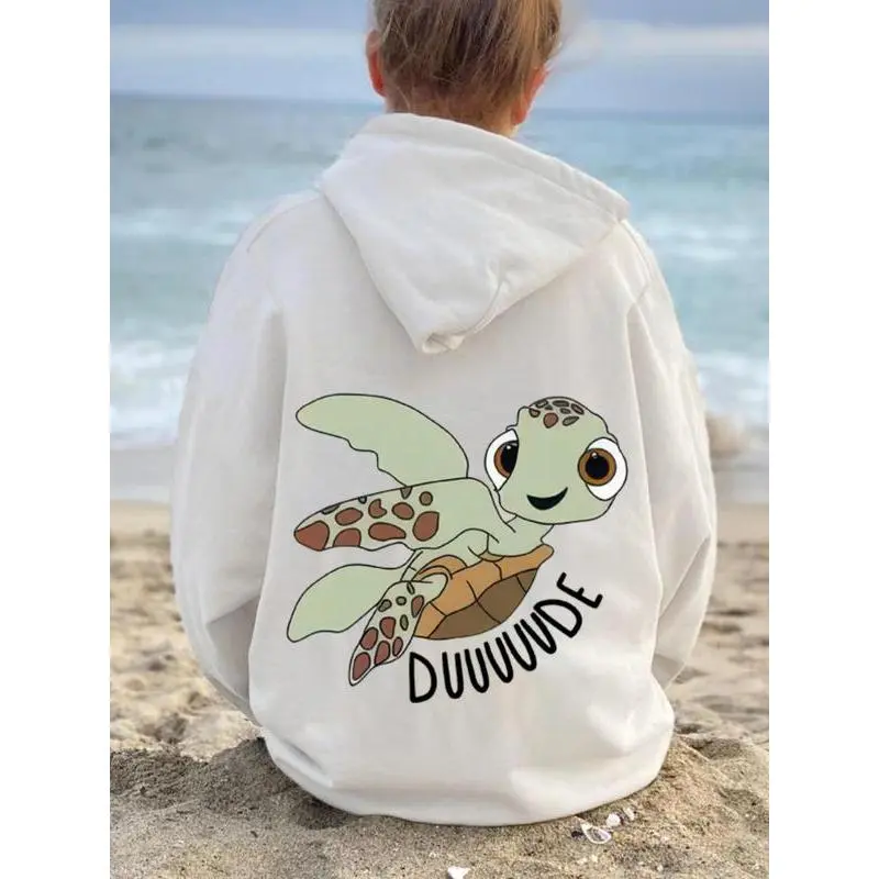 Women's Cartoon Turtle & Letter Print Drop-Shoulder Longsleeve Pullover Hoodie - Casual Streetwear Sweatshirt with Drawstring, Pocket, Fitted Design for Fall & Winter Daily Wear, Longsleeves, Hoodies For Women, Women's Hoodies