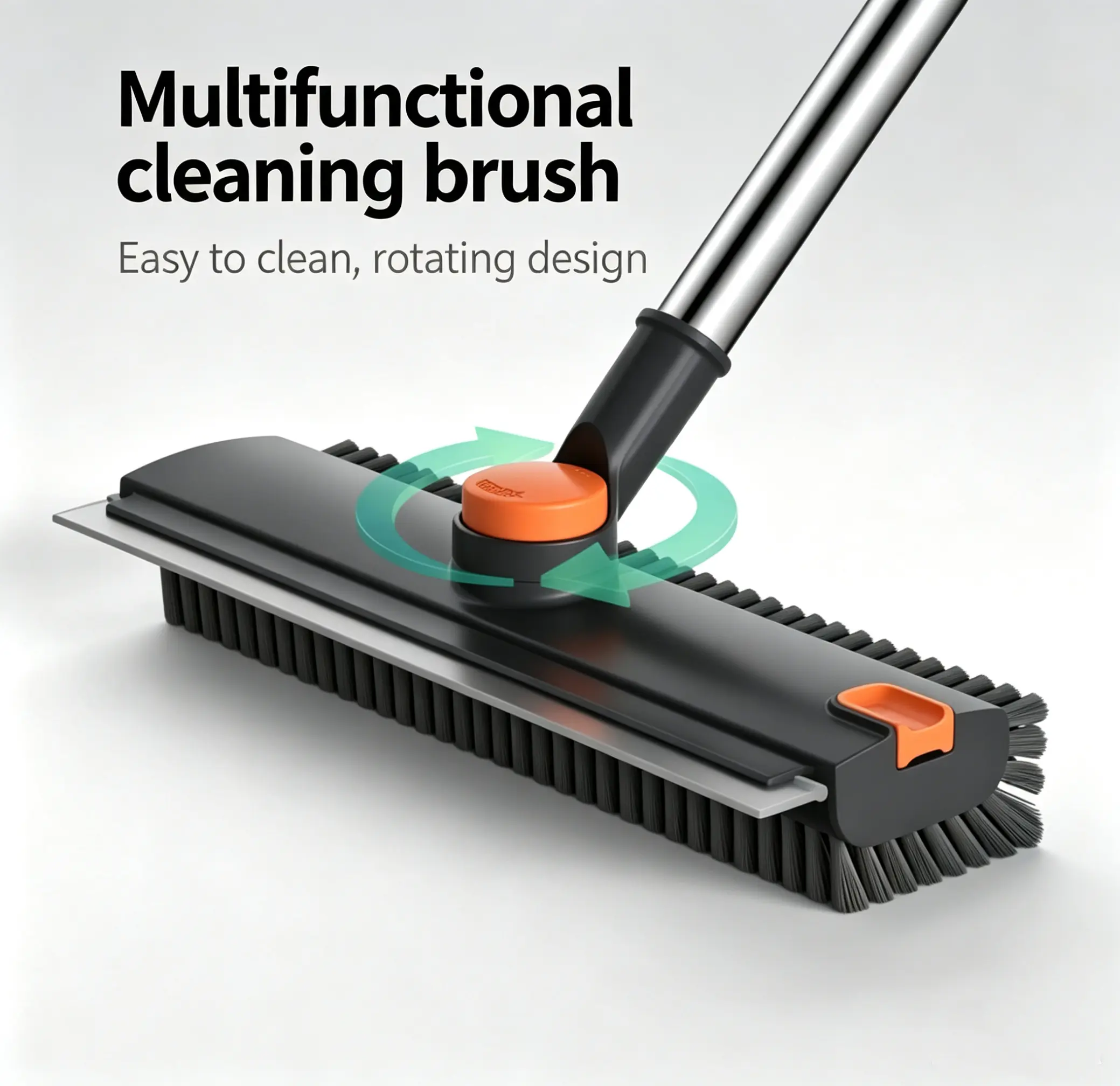 3-in-1 Rotating Floor Scrub Brush with Extendable Long Handle, Multifunctional Cleaning Brush with Scrubber Blade and Squeegee for Bathroom Kitchen Patio Hardwood Tile Floors, Black Orange Shower Scrubber