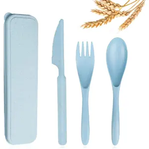 Travel Utensils Set with Case, Blue Wheat Straw Portable  Fork Spoons Tableware,   Cutlery for  and Adults as Travel Picnic Camping Utensils