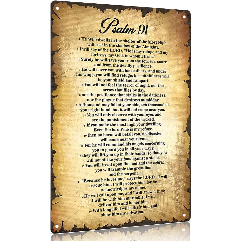 12x8 Inch (30x20cm) Aluminum 2D Flat Decorative Plaque - Vintage Inspirational Psalm 91 Religious Wall Sign for Home Prayer Room Decor (Perfect for Easter/Mother's Day/Father's Day/Valentine's Day) Print Ornaments