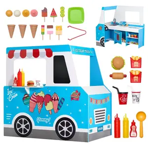 fathersdaygift VEVOR Ice Cream Cart for Kids, 20+ PCS Ice Cream Truck Wooden Playset, Pretend Play Stand with Steering Wheel Chalkboard, Payment Scanner Freezer, Faucet Sink, Suitable for Kids 3-7 Years Old