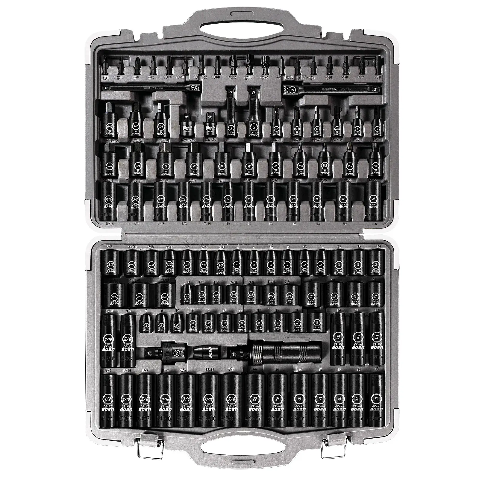 boen 119 Piece Impact Socket Set, 1/2" & 3/8" Drive Socket Set Deep/Shallow SAE/Metric, Cr-MO & S2, 6 Point, Impact Bit, Allen Sockets Included