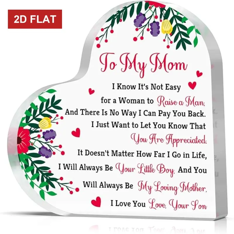 Heart Shaped 2D Flat Acrylic Plaque - Son to Mom English "You Are Appreciated" Flower Design Home Decor Sign, Iron-Accent Glam Sentimental Mother’s Day Gift for Wardrobe, Bathroom, Kitchen
