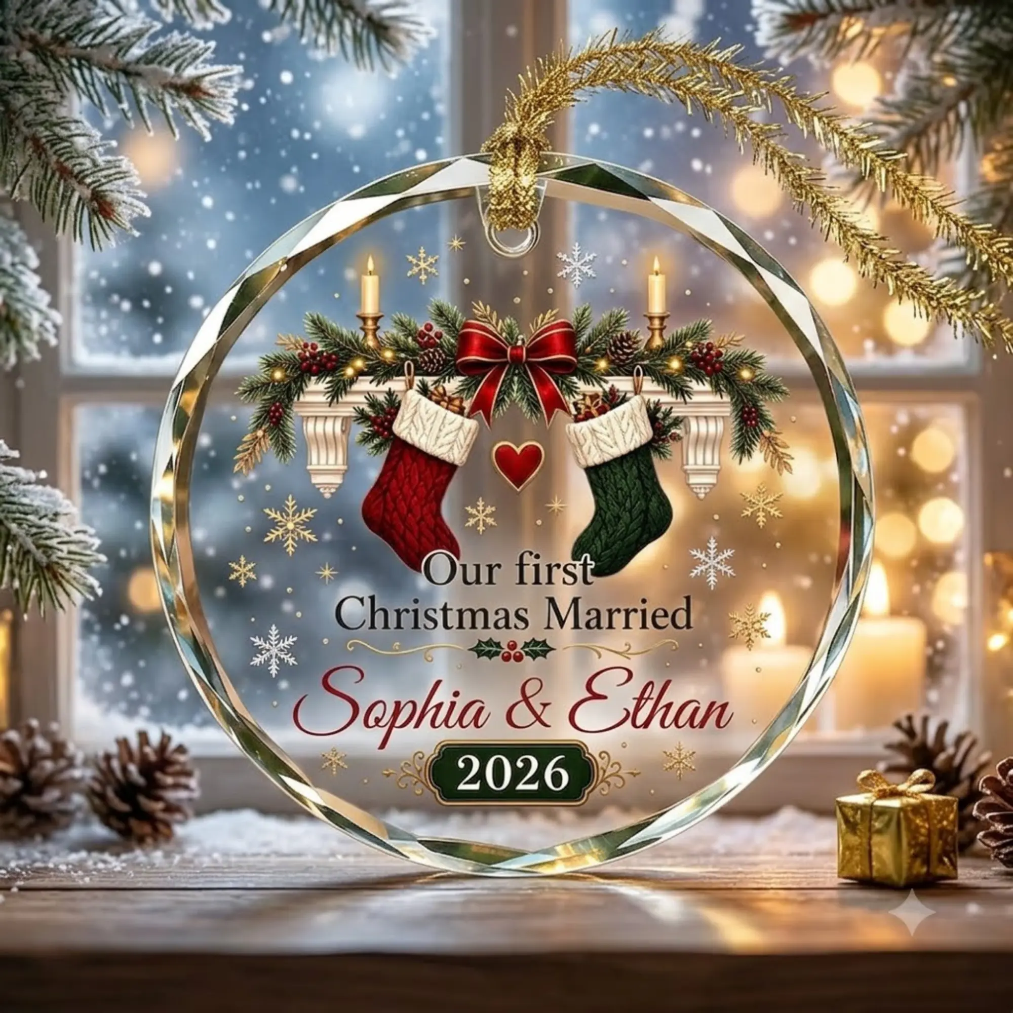 Our First Christmas Married Glass Ornament, Personalized Couple Names, Custom Year, Newlywed Christmas Gift, Wedding Keepsake