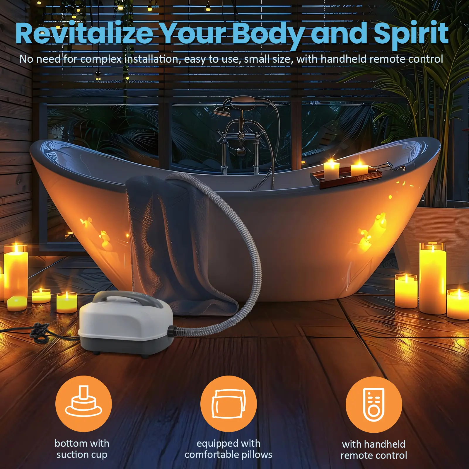 Ergonomic Battery-Powered Non-Slip Portable Spa Bubble Bath Mat - 1 Mat, 1 Pillow, Electric Pump, Adjustable Settings, Remote, US Plug, Most Bathtubs Compatible Bathroom Fixture for Relaxation