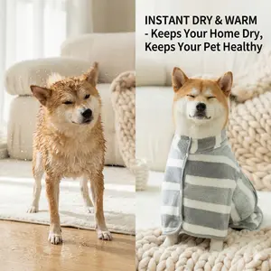 Super Absorbent Dog Towel Robe, Quick-Dry Striped Pet Drying Coat, Adjustable Belly Strap, Soft Warm Fleece Bathrobe for Small Medium Large Dogs