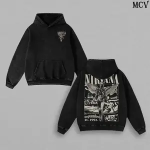 Nirvana Band Inspired Washed Hoodie, 90s Grunge Rock Y2K Oversized Streetwear