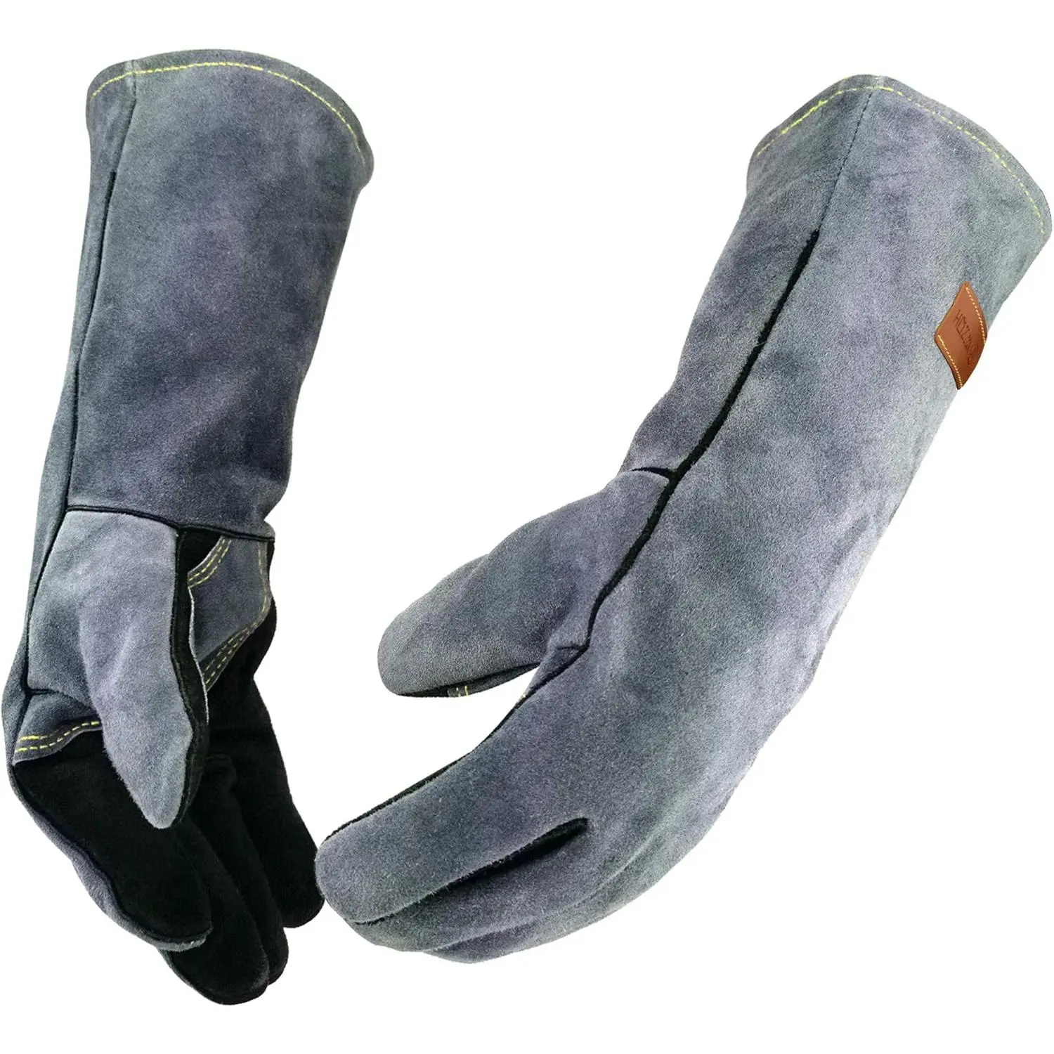 16 in Cowhide Leather Welding Gloves - 932 ℉ High Temp Heatproof Allergy Free Composite, Large Black-Gray Mitts with 100% Soft Insulated Cotton for Mig Welding, Baking, Animal Handling Safety